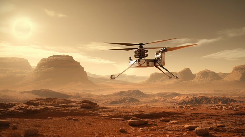 Ingenuity Mars Helicopter soaring in the Martian sky